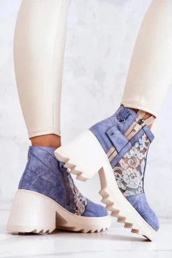 Outlet Skórzane Botki Na Masywnym Słupku Niebieskie 05325-06 Damskie Botki Wiosenne|Botki Maciejka