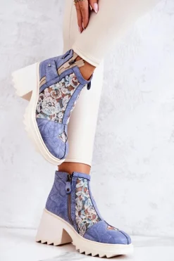 Outlet Skórzane Botki Na Masywnym Słupku Niebieskie 05325-06 Damskie Botki Wiosenne|Botki Maciejka