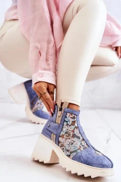 Outlet Skórzane Botki Na Masywnym Słupku Niebieskie 05325-06 Damskie Botki Wiosenne|Botki Maciejka