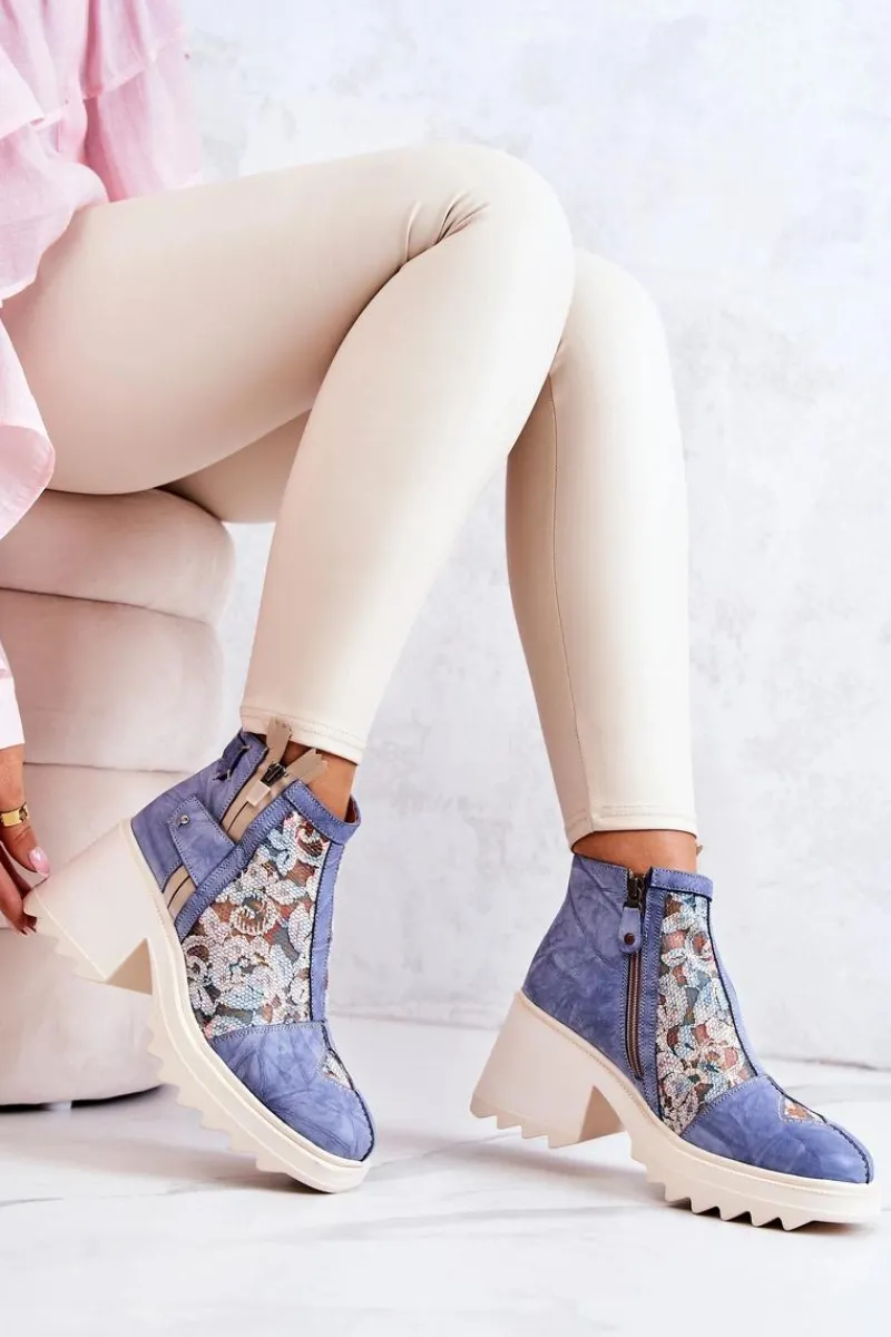 Outlet Skórzane Botki Na Masywnym Słupku Niebieskie 05325-06 Damskie Botki Wiosenne|Botki Maciejka