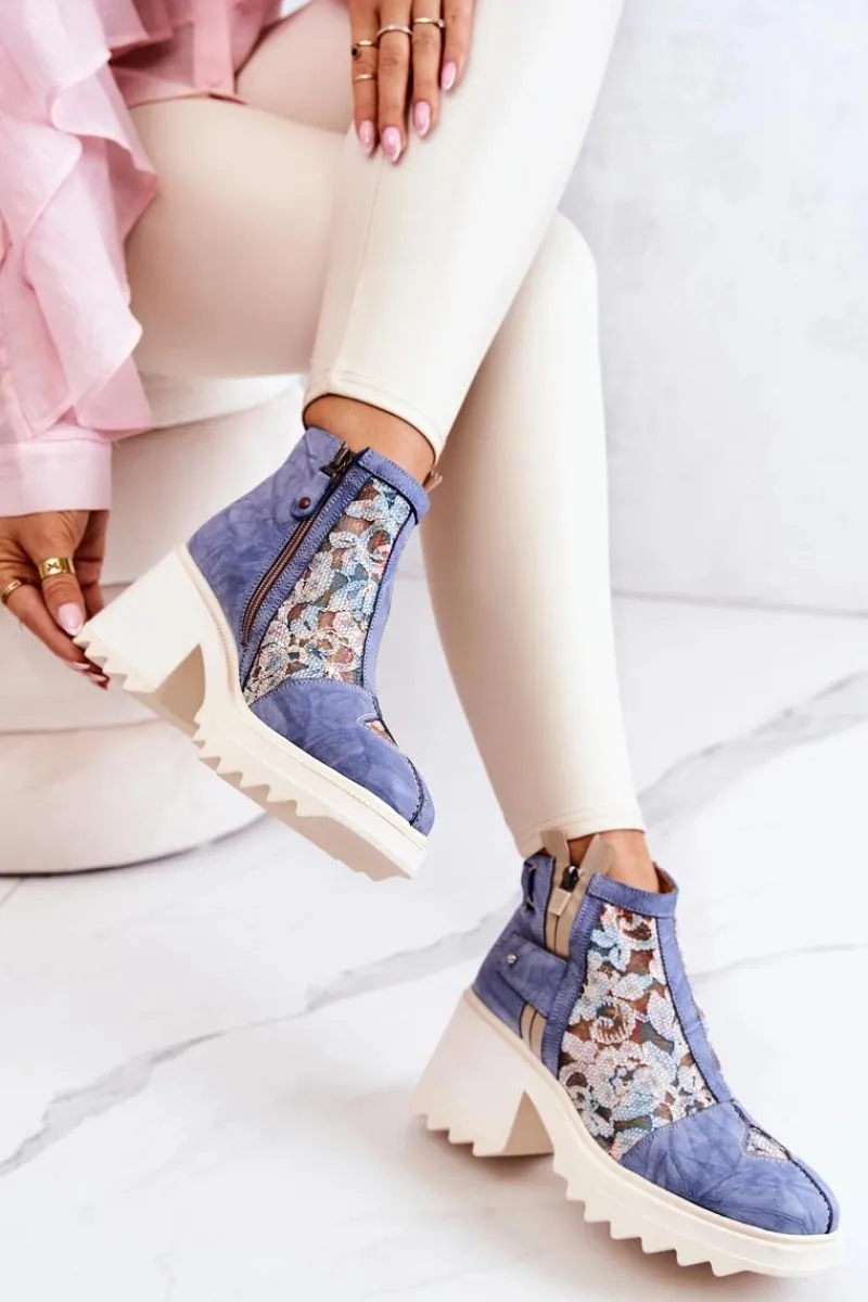 Outlet Skórzane Botki Na Masywnym Słupku Niebieskie 05325-06 Damskie Botki Wiosenne|Botki Maciejka