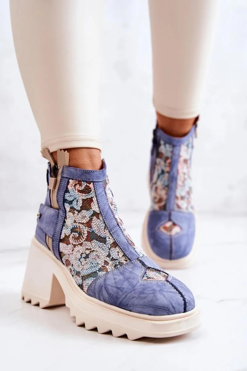 Outlet Skórzane Botki Na Masywnym Słupku Niebieskie 05325-06 Damskie Botki Wiosenne|Botki Maciejka