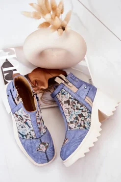 Outlet Skórzane Botki Na Masywnym Słupku Niebieskie 05325-06 Damskie Botki Wiosenne|Botki Maciejka