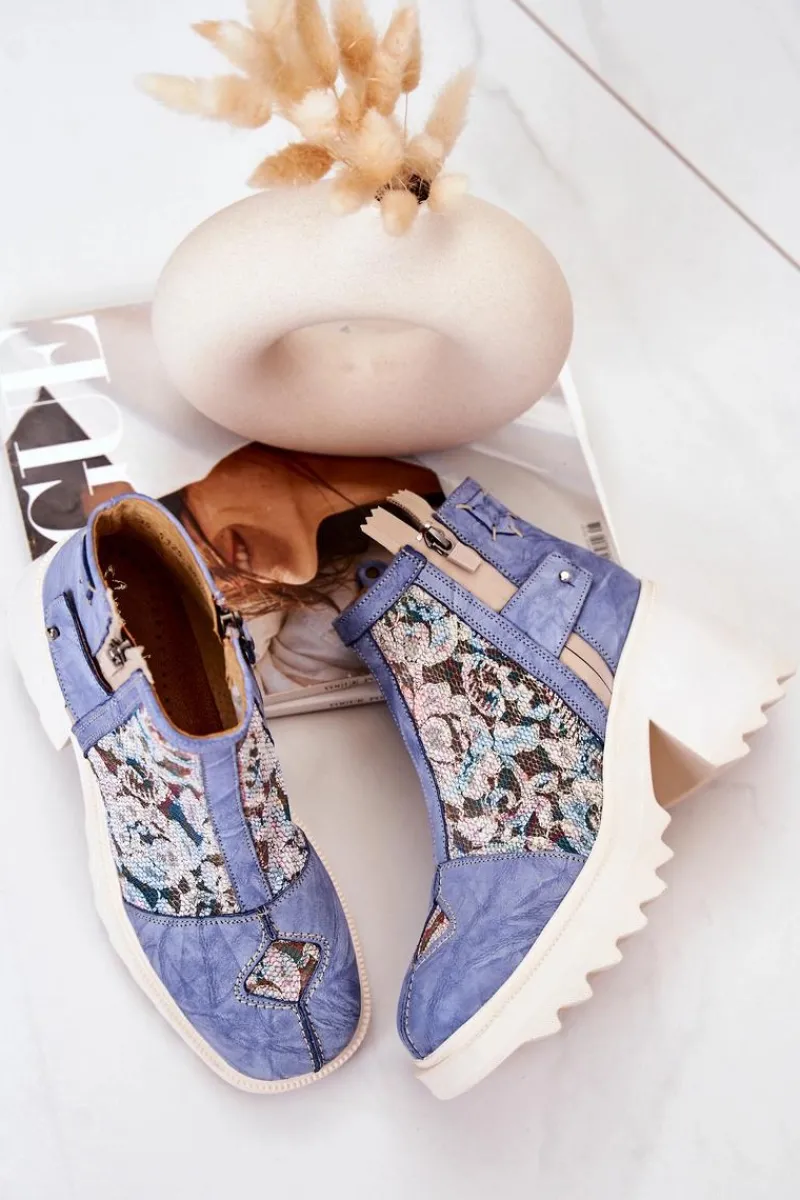 Outlet Skórzane Botki Na Masywnym Słupku Niebieskie 05325-06 Damskie Botki Wiosenne|Botki Maciejka