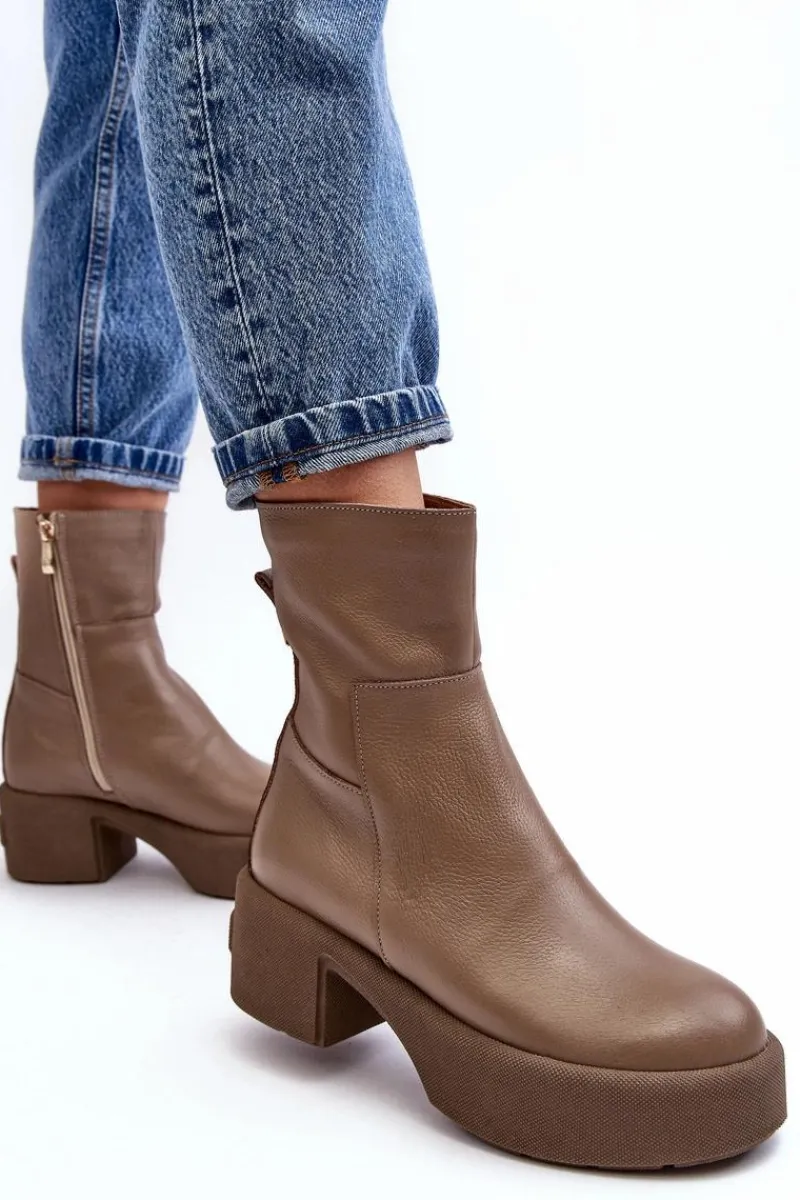 Botki Skórzane|Botki Sznurowane>Boto Skórzane Botki Na Niskim Obcasie Ciemnobeżowe Lemar Volavola