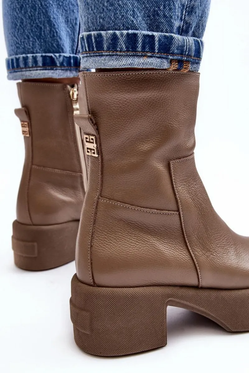 Botki Skórzane|Botki Sznurowane>Boto Skórzane Botki Na Niskim Obcasie Ciemnobeżowe Lemar Volavola