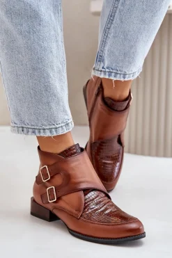 Online Skórzane Botki Na Niskim Obcasie Z Klamrami 06696-02 Brązowe Damskie Botki Ocieplane|Botki Maciejka