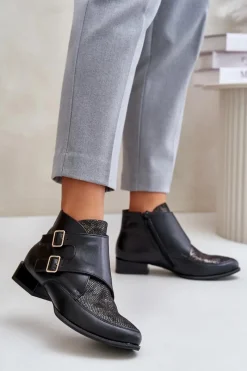 Botki Ocieplane|Botki Maciejka>Maciejka Skórzane Botki Na Niskim Obcasie Z Klamrami 06696-01 Czarne Czarny