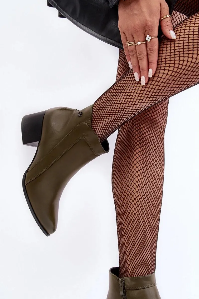 Sale Skórzane Botki Na Niskim Obcasie Oliwkowe Cidi Damskie Botki Zimowe Damskie|Botki Na Obcasie