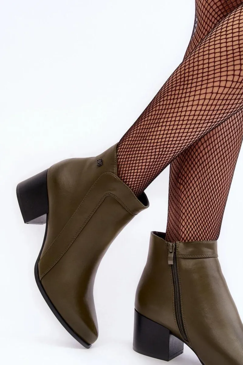 Sale Skórzane Botki Na Niskim Obcasie Oliwkowe Cidi Damskie Botki Zimowe Damskie|Botki Na Obcasie