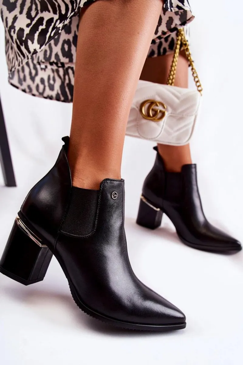 Clearance Skórzane Botki Na Obcasie 2506 Czarne Damskie Botki Wiosenne|Botki Na Słupku