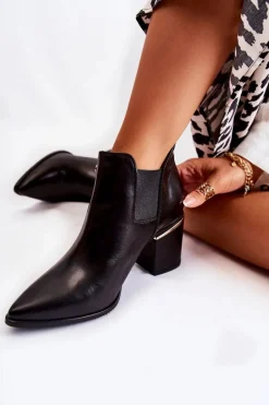 Clearance Skórzane Botki Na Obcasie 2506 Czarne Damskie Botki Wiosenne|Botki Na Słupku