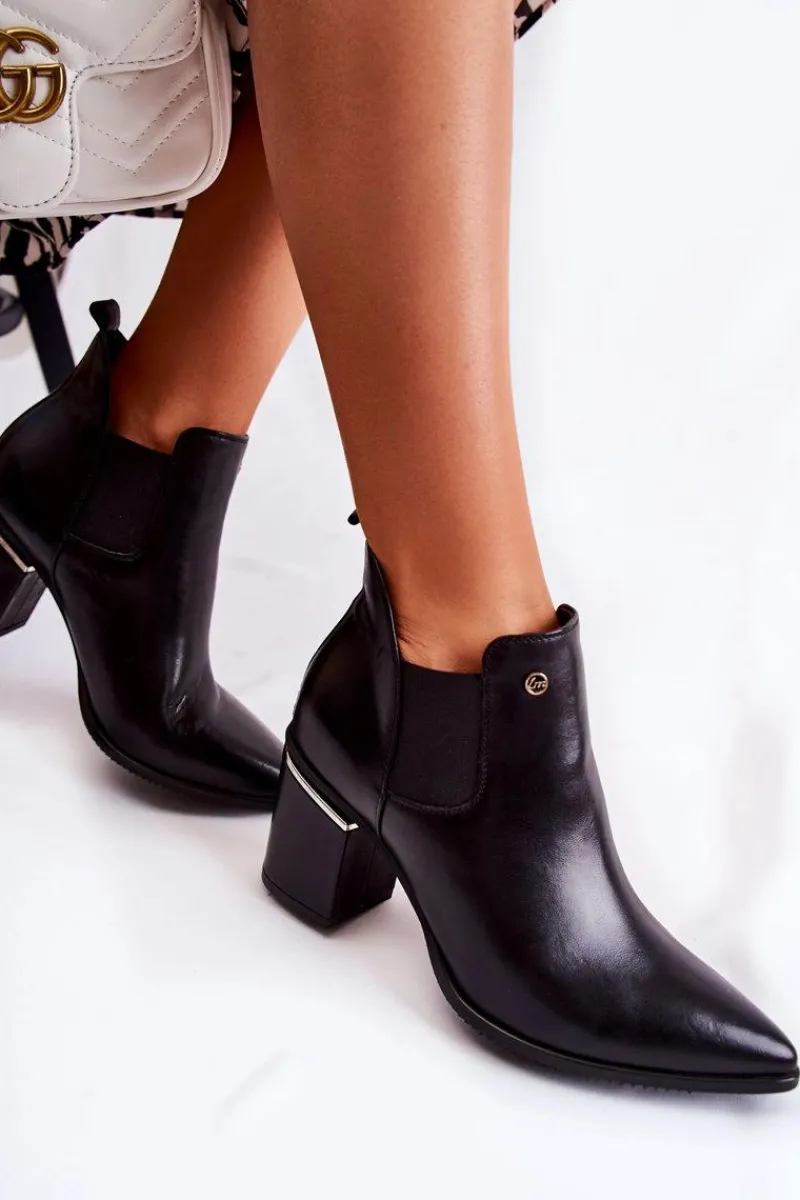 Clearance Skórzane Botki Na Obcasie 2506 Czarne Damskie Botki Wiosenne|Botki Na Słupku