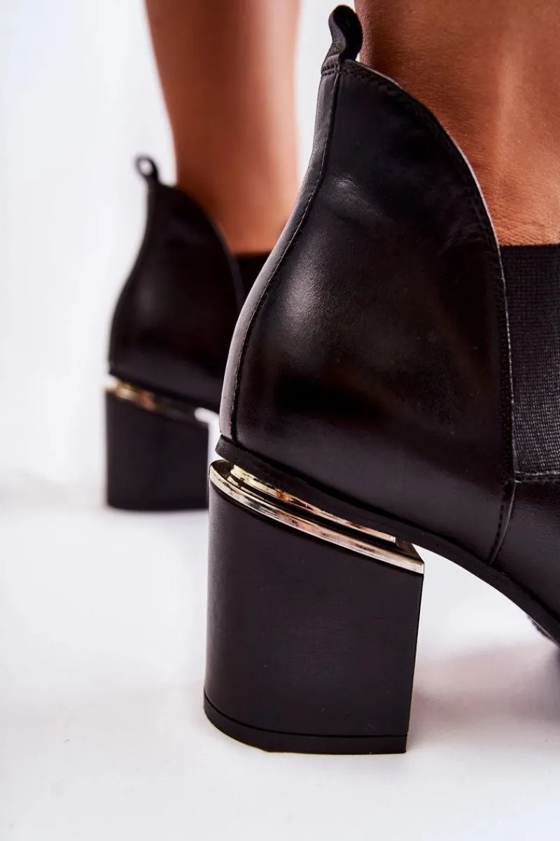 Clearance Skórzane Botki Na Obcasie 2506 Czarne Damskie Botki Wiosenne|Botki Na Słupku