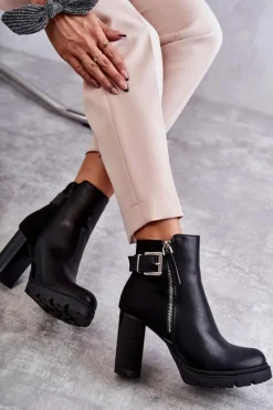 Discount Skórzane Botki Na Obcasie Z Ozdobnym Zamkiem Czarne Rosita Damskie Botki Na Słupku|Czarne Botki