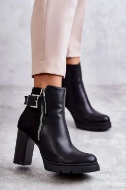 Discount Skórzane Botki Na Obcasie Z Ozdobnym Zamkiem Czarne Rosita Damskie Botki Na Słupku|Czarne Botki