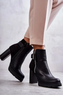 Discount Skórzane Botki Na Obcasie Z Ozdobnym Zamkiem Czarne Rosita Damskie Botki Na Słupku|Czarne Botki