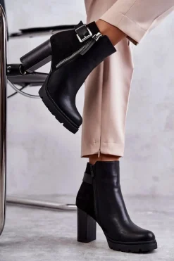 Discount Skórzane Botki Na Obcasie Z Ozdobnym Zamkiem Czarne Rosita Damskie Botki Na Słupku|Czarne Botki