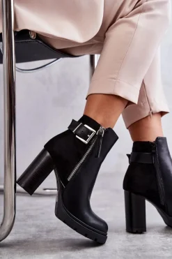 Discount Skórzane Botki Na Obcasie Z Ozdobnym Zamkiem Czarne Rosita Damskie Botki Na Słupku|Czarne Botki