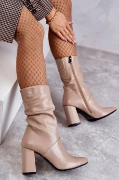 Best Laura Messi Skórzane Botki Na Obcasie 2560 Beżowe