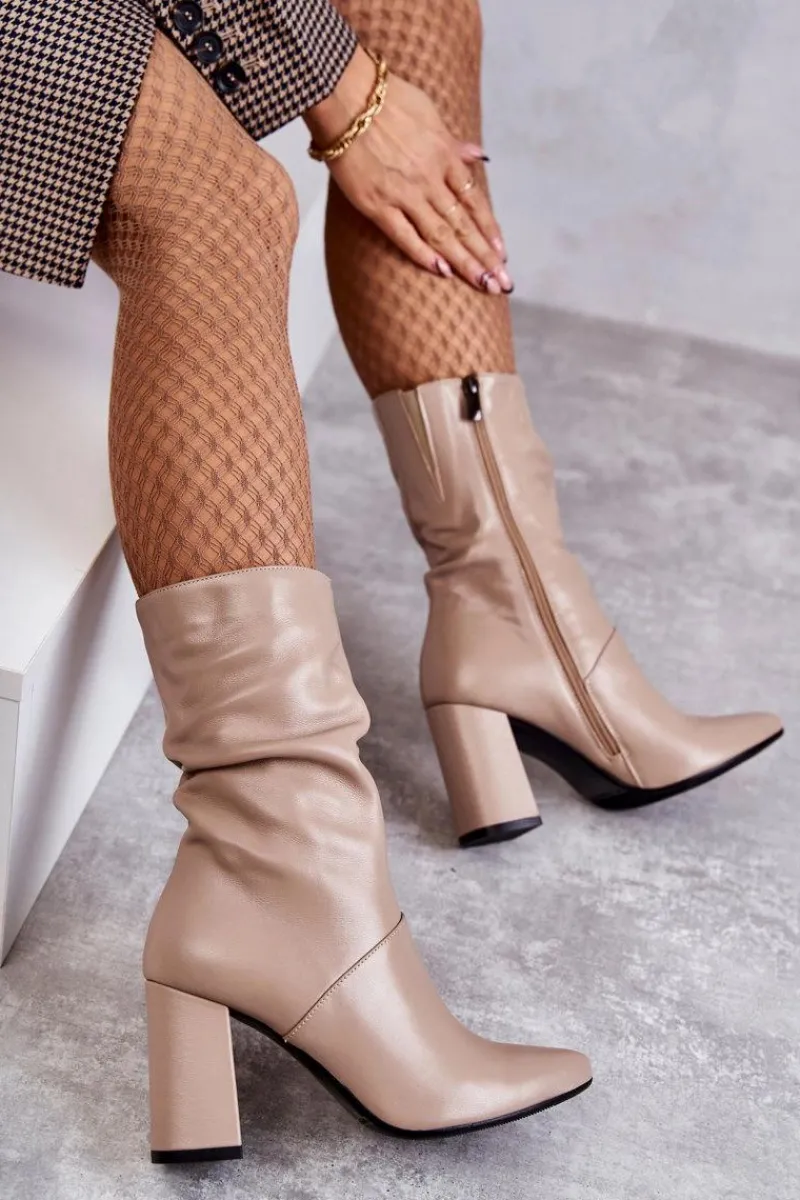 Best Laura Messi Skórzane Botki Na Obcasie 2560 Beżowe