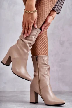 Best Laura Messi Skórzane Botki Na Obcasie 2560 Beżowe