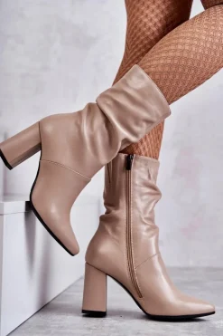 Best Laura Messi Skórzane Botki Na Obcasie 2560 Beżowe