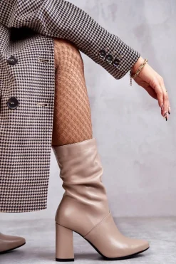 Best Laura Messi Skórzane Botki Na Obcasie 2560 Beżowe