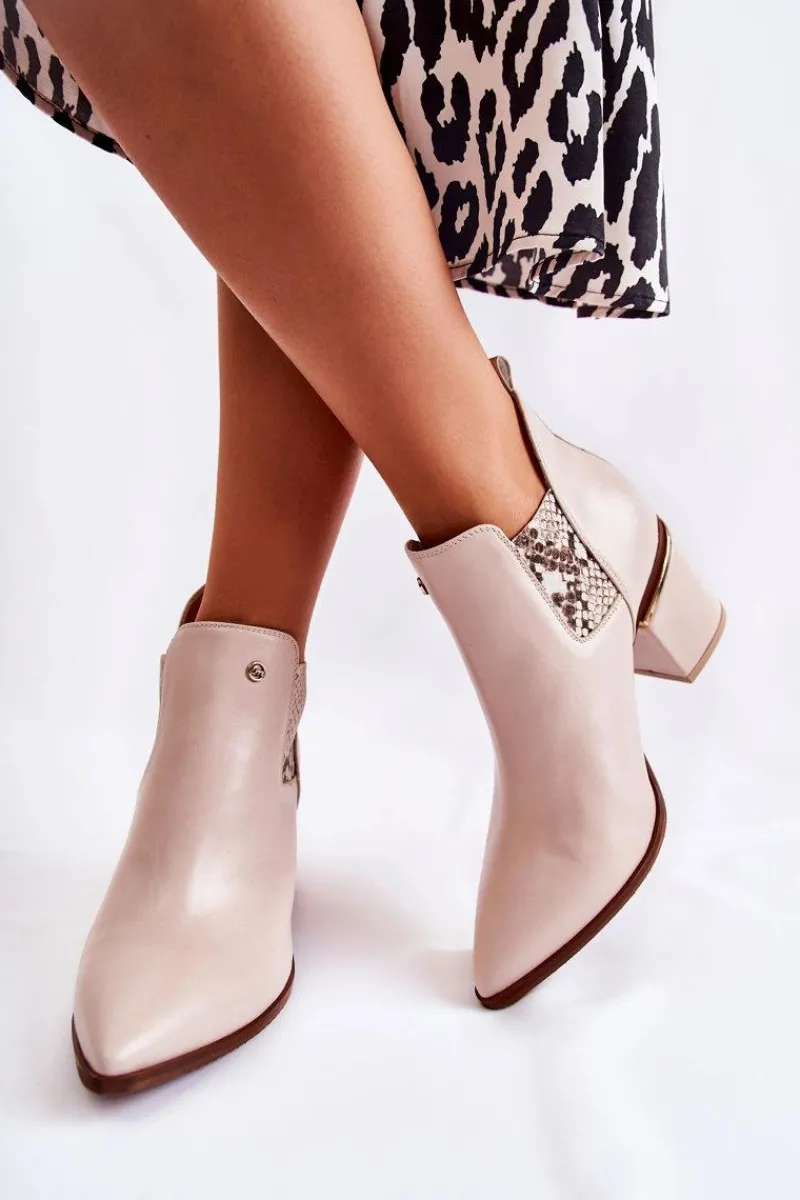 Botki Wiosenne|Botki Na Słupku>Laura Messi Skórzane Botki Na Obcasie 2506 Beżowe