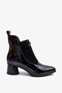 Online Skórzane Botki Na Obcasie S.Barski MR870-96 Czarne Damskie Czarne Botki|Botki Zimowe Damskie