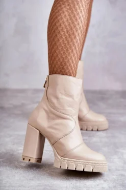 Damskie Trapery|Botki Skórzane>Boto Skórzane Botki Na Obcasie Beżowe Elia