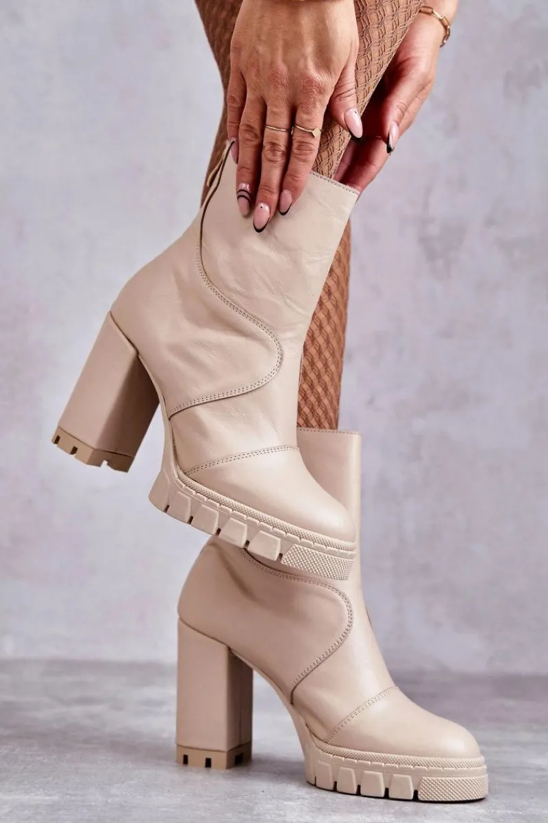 Damskie Trapery|Botki Skórzane>Boto Skórzane Botki Na Obcasie Beżowe Elia