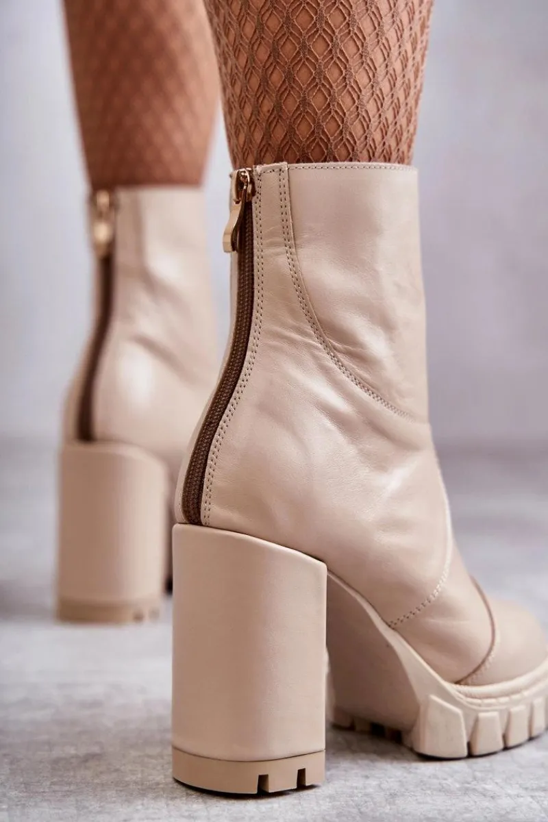 Damskie Trapery|Botki Skórzane>Boto Skórzane Botki Na Obcasie Beżowe Elia