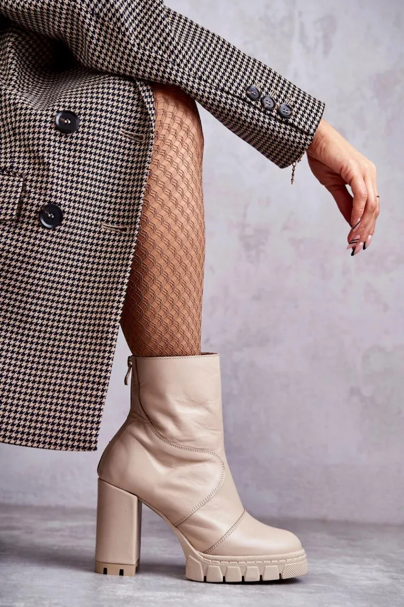 Damskie Trapery|Botki Skórzane>Boto Skórzane Botki Na Obcasie Beżowe Elia