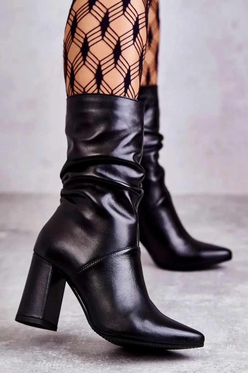 Best Skórzane Botki Na Obcasie 2560 Czarne Damskie Botki Na Słupku|Czarne Botki