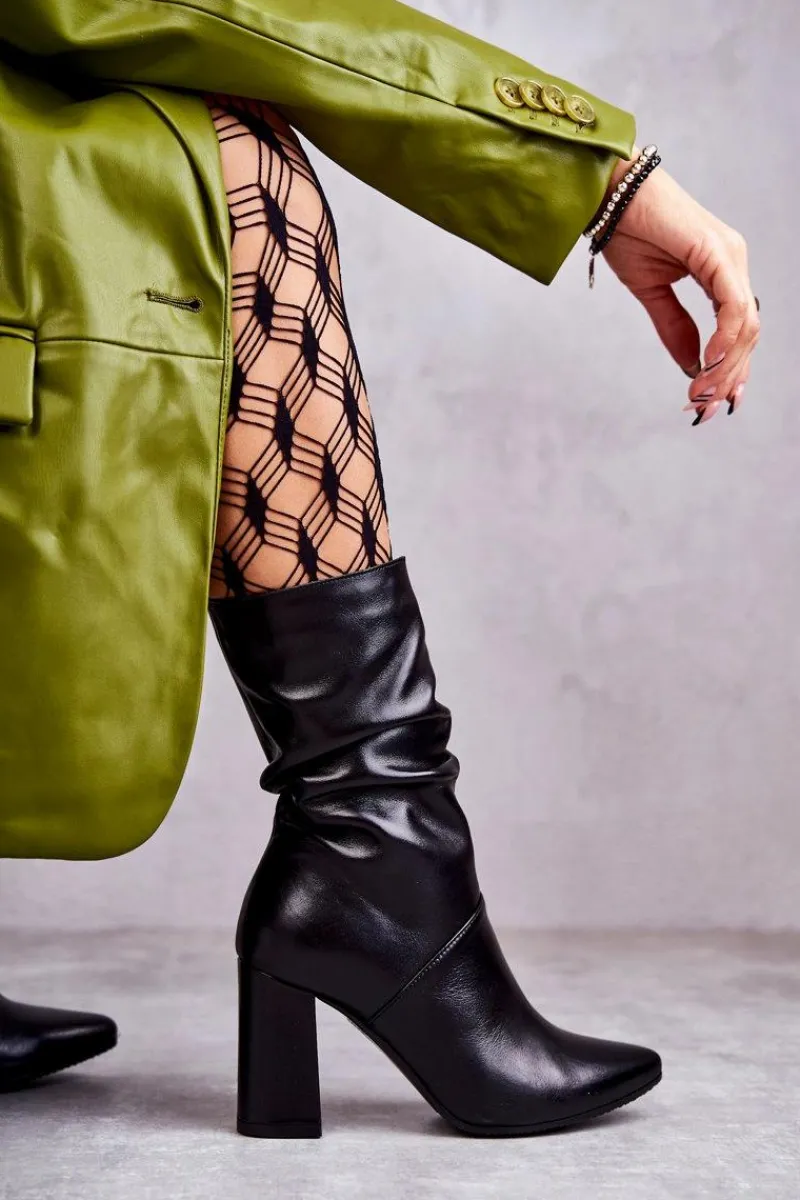 Best Skórzane Botki Na Obcasie 2560 Czarne Damskie Botki Na Słupku|Czarne Botki