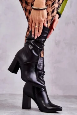 Best Skórzane Botki Na Obcasie 2560 Czarne Damskie Botki Na Słupku|Czarne Botki