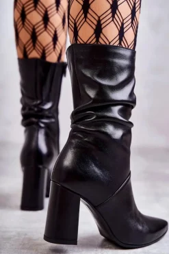 Best Skórzane Botki Na Obcasie 2560 Czarne Damskie Botki Na Słupku|Czarne Botki