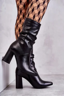 Best Skórzane Botki Na Obcasie 2560 Czarne Damskie Botki Na Słupku|Czarne Botki