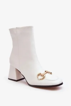 New Boto Skórzane Botki Na Obcasie Z Ozdobą Białe Pamelinta