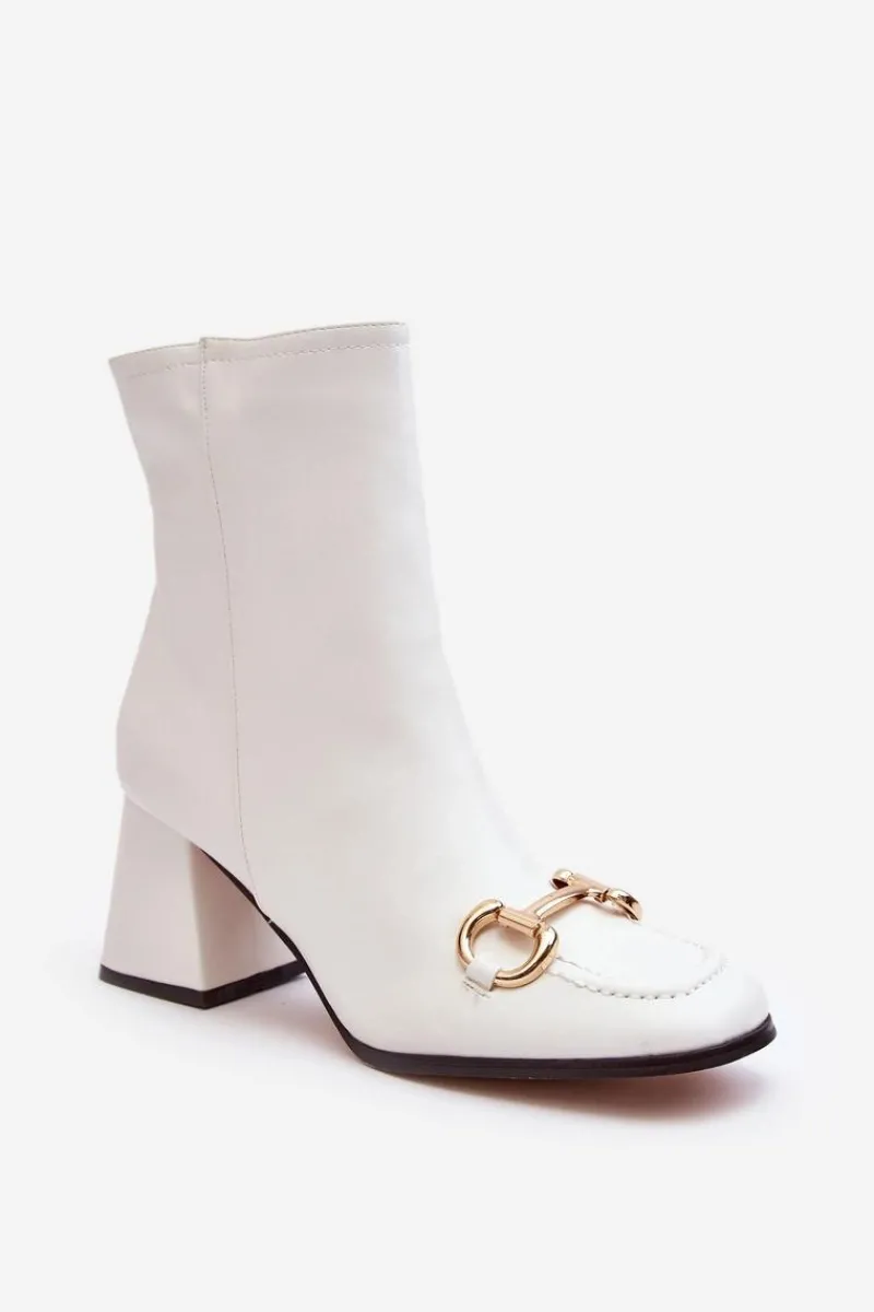New Boto Skórzane Botki Na Obcasie Z Ozdobą Białe Pamelinta