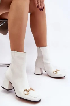 New Boto Skórzane Botki Na Obcasie Z Ozdobą Białe Pamelinta