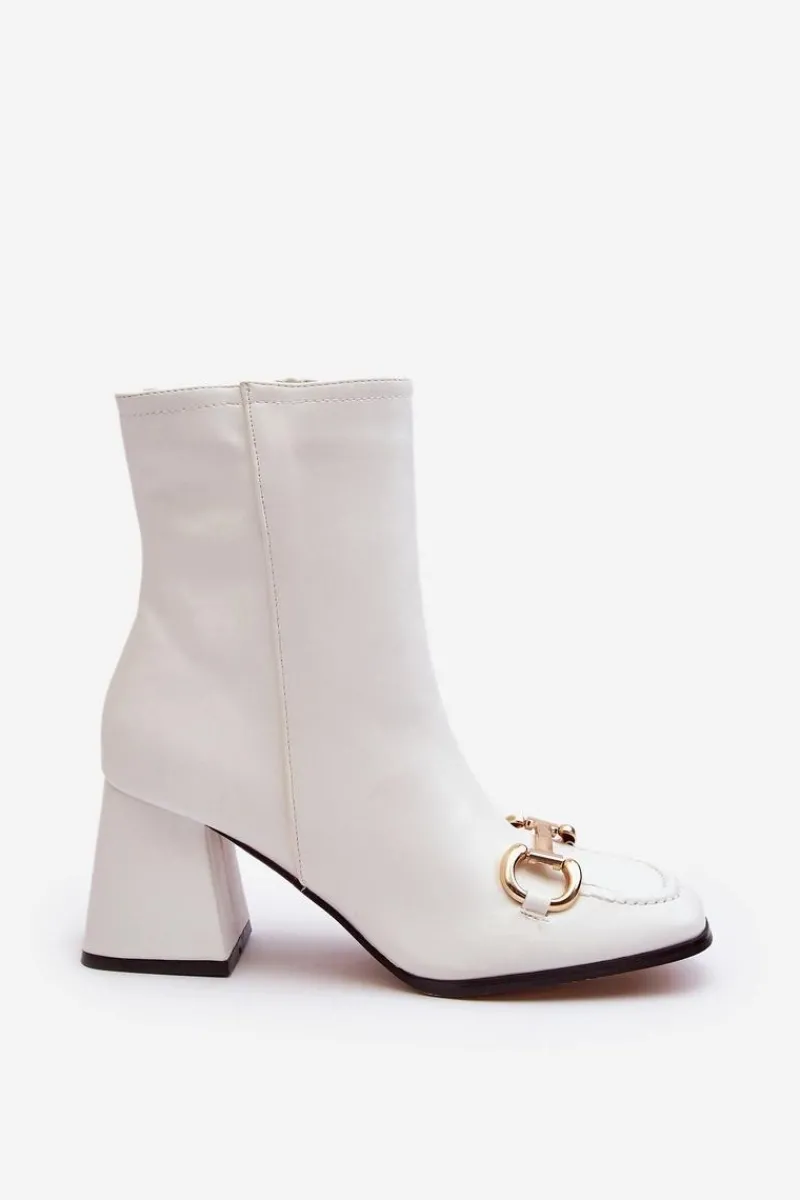 New Boto Skórzane Botki Na Obcasie Z Ozdobą Białe Pamelinta