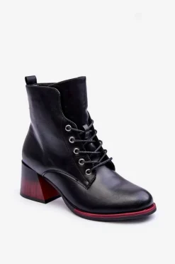 Online Skórzane Botki Na Obcasie Czarne Luloshe Damskie Czarne Botki|Botki Na Obcasie