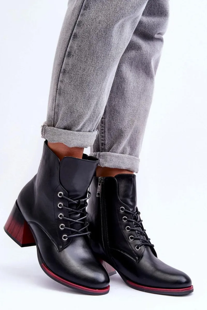 Online Skórzane Botki Na Obcasie Czarne Luloshe Damskie Czarne Botki|Botki Na Obcasie