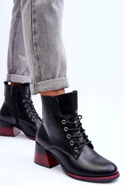 Online Skórzane Botki Na Obcasie Czarne Luloshe Damskie Czarne Botki|Botki Na Obcasie