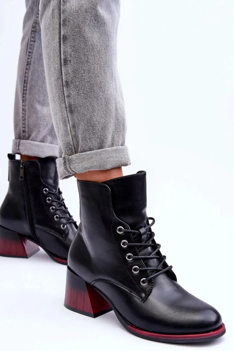 Online Skórzane Botki Na Obcasie Czarne Luloshe Damskie Czarne Botki|Botki Na Obcasie