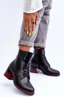 Online Skórzane Botki Na Obcasie Czarne Luloshe Damskie Czarne Botki|Botki Na Obcasie