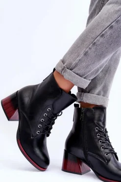 Online Skórzane Botki Na Obcasie Czarne Luloshe Damskie Czarne Botki|Botki Na Obcasie