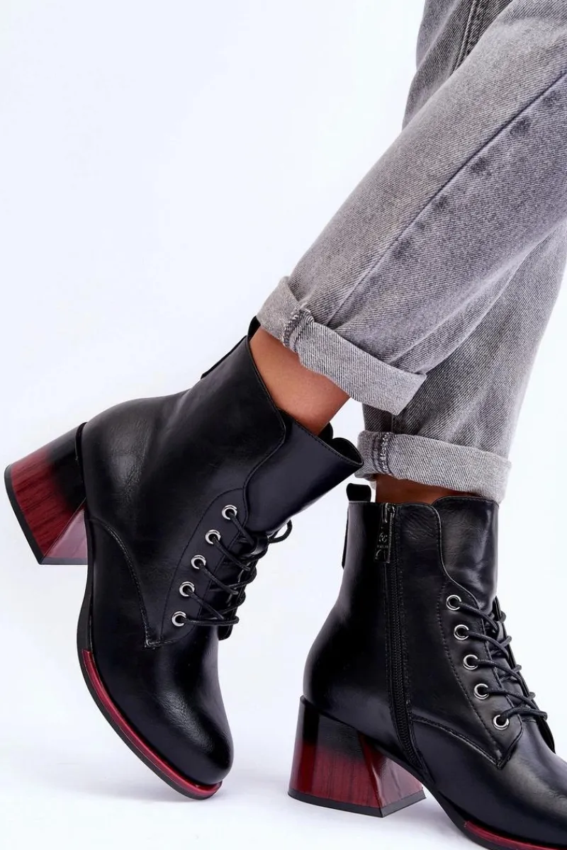 Online Skórzane Botki Na Obcasie Czarne Luloshe Damskie Czarne Botki|Botki Na Obcasie